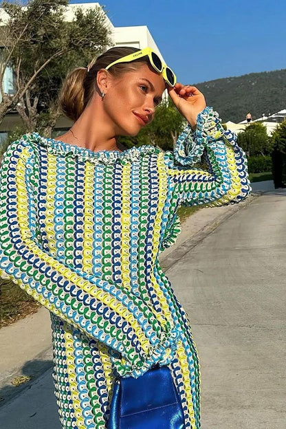 Maxikleid Gestrickt Rückenfrei mit Ausgestellten Ärmeln