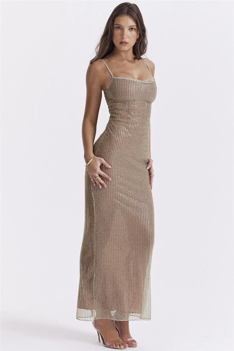 Maxi-Kleid Andrina Beige mit Perlenbesatz