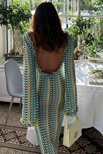 Maxikleid Gestrickt Rückenfrei avec Épaules Évasées en Tricot