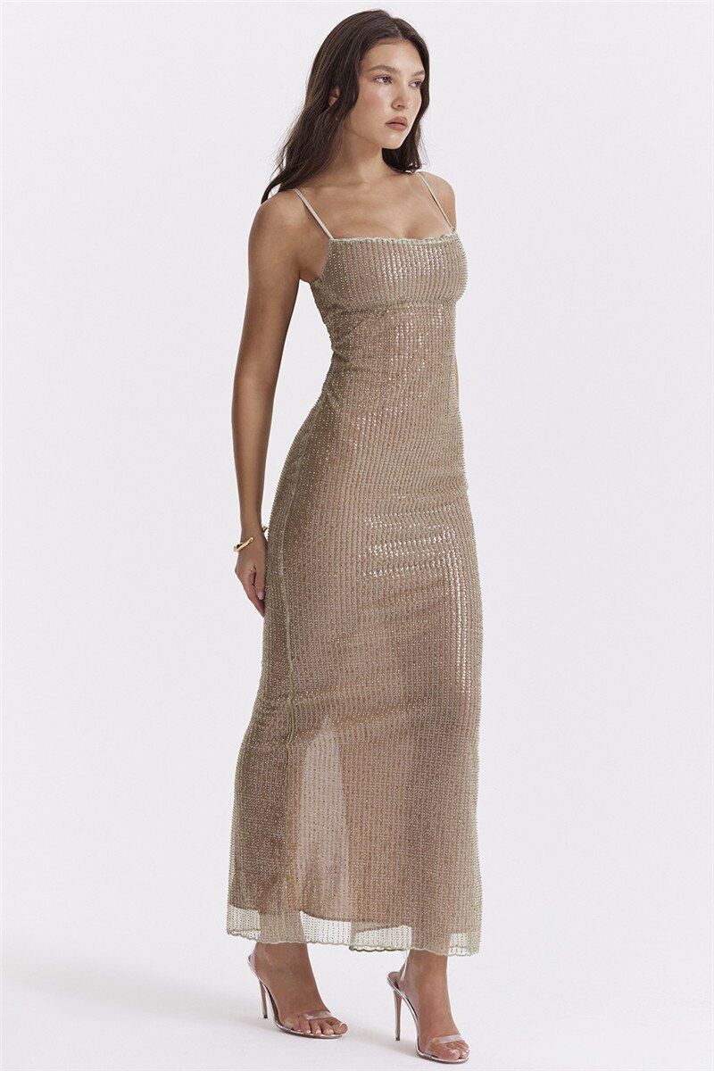 Maxi-Kleid Andrina Beige mit Perlenbesatz