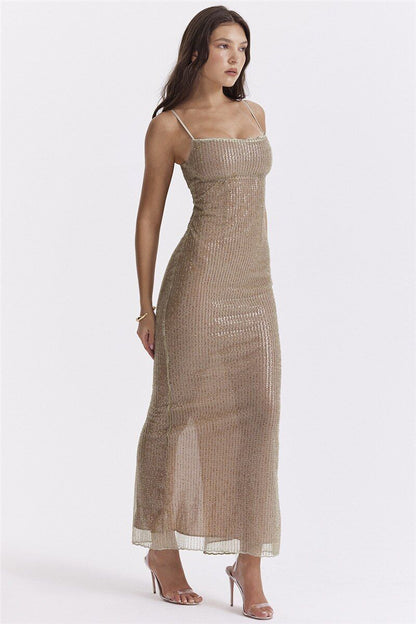 Maxi-Kleid Andrina Beige mit Perlenbesatz