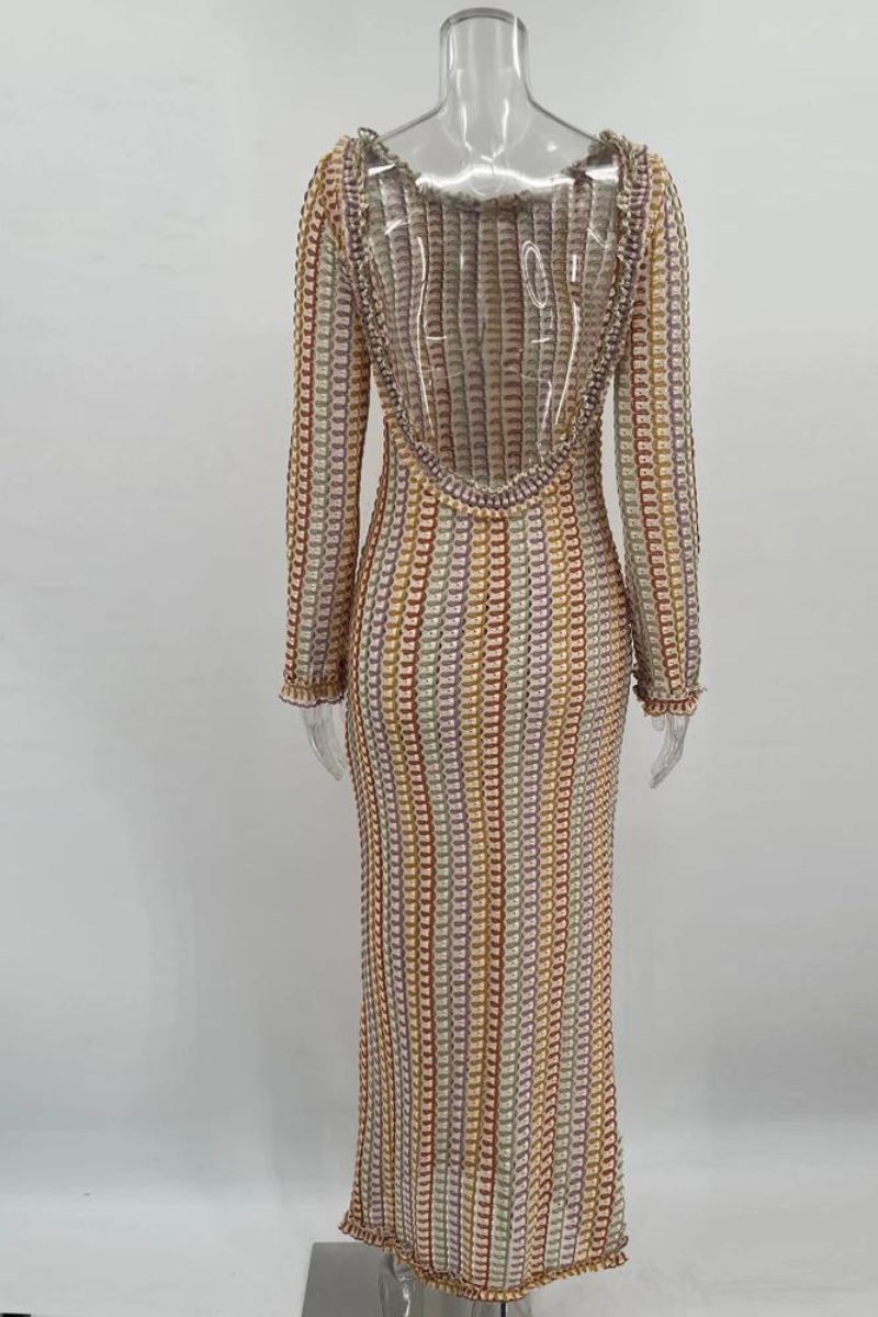 Maxikleid Gestrickt Rückenfrei mit Ausgestellten Ärmeln