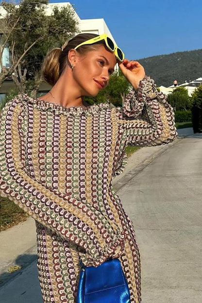 Maxikleid Gestrickt Rückenfrei mit Ausgestellten Ärmeln