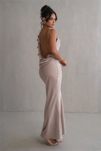 Robe en Satin Bronzé avec Détails Floraux