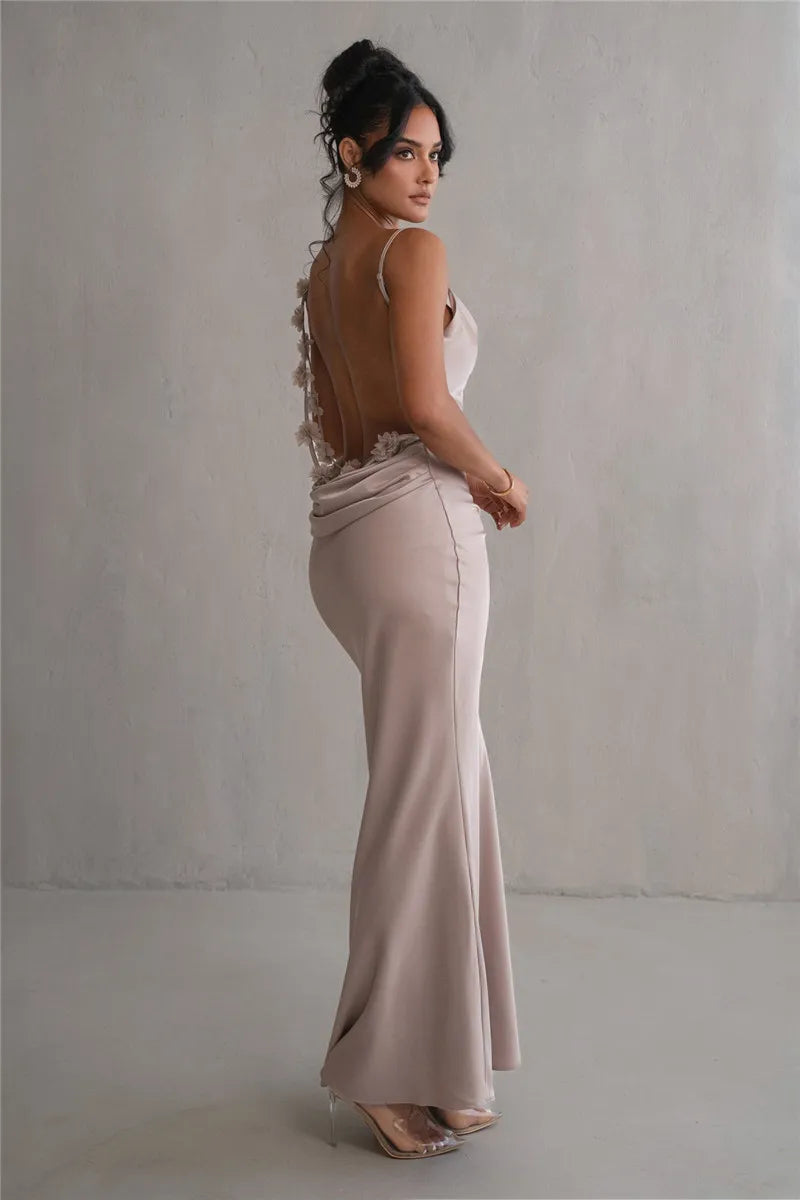 Robe Satin Bronzée avec Détails Floraux