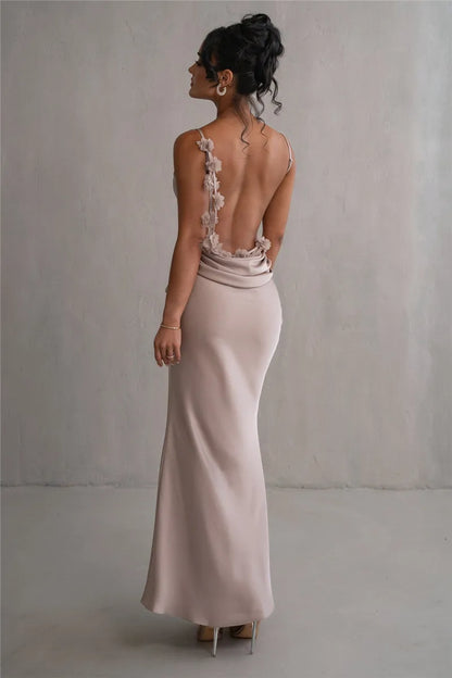 Robe Satin Bronzée avec Détails Floraux