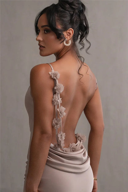 Robe Satin Bronzée avec Détails Floraux