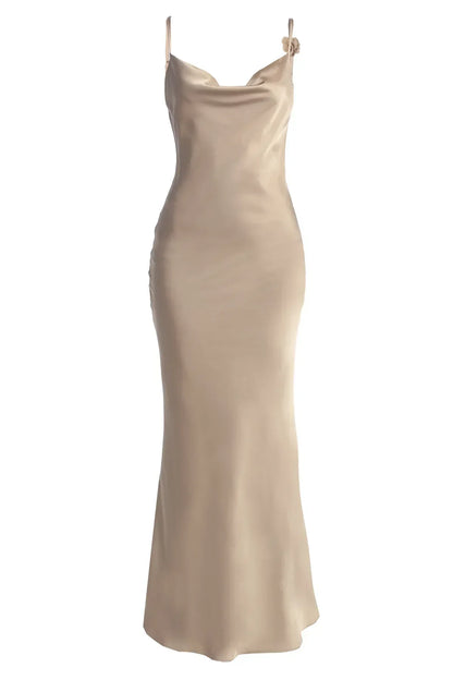 Robe en Satin Bronzé avec Détails Floraux