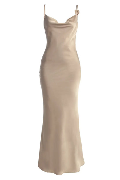 Robe Satin Bronzée avec Détails Floraux