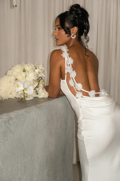 Robe Satin Bronzée avec Détails Floraux