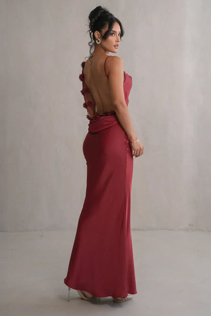 Robe Satin Bronzée avec Détails Floraux