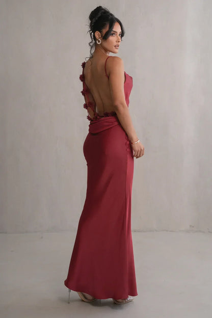 Robe en Satin Bronzé avec Détails Floraux